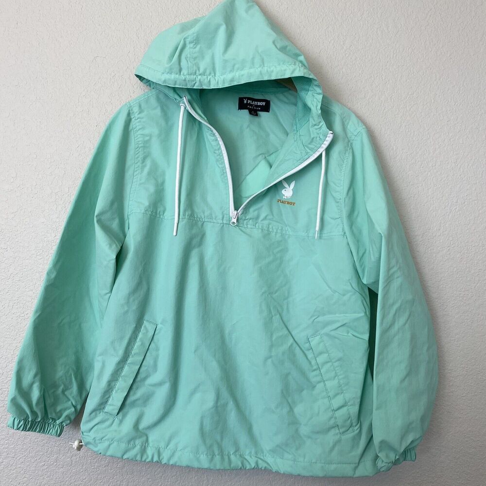 Playboy Pacsun Windbreaker Jacket Medium Teal Logo Quarter Zip Hooded EUC